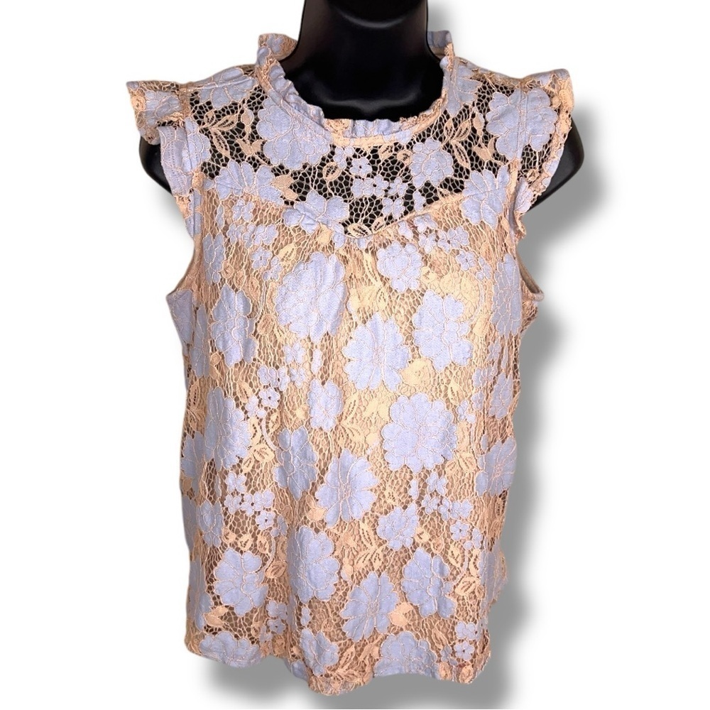 Medium Juniors Monteau Ruffle Lace Top Pastel Short Sleeve Peachy Pink Blue